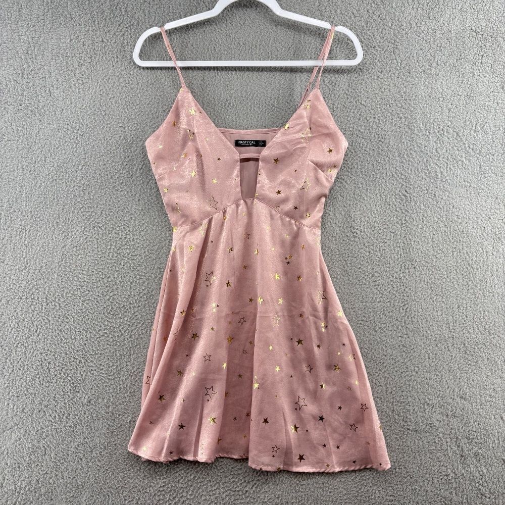 Nasty Gal Dress Womens 2 Pink Gold Star Fit & Flare Cutout Mini Silky Sleeveless